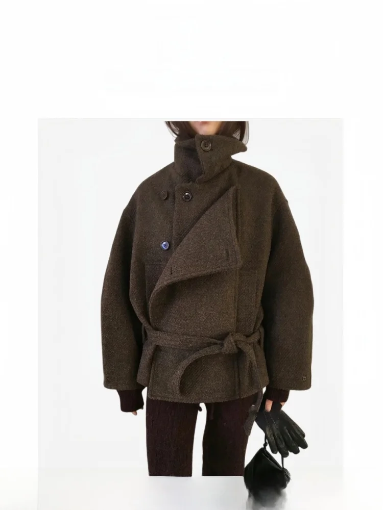 

Шерстяное пальто TheBarnnet JinMingXi со воротником-стойкой, средней длины, из твида, в корейском стиле, теплое, свободного кроя, женская верхняя одежда