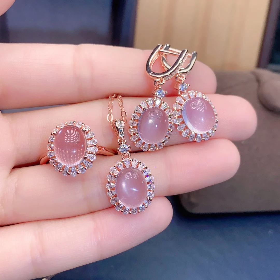 

FS Fine Jewelry Sets for Women Natural Rose Quartz S925 Sterling Silver Fashion Ring Earrings Pendant Necklace 4-Piece MeiBaPJ