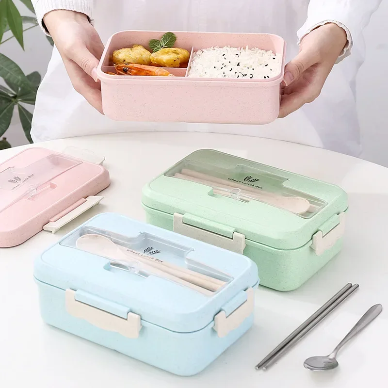 Microwave Lunch Box Wheat Straw Bento Box With Dinnerware Food Storage Container Children Kids School Office Portable Bento Box