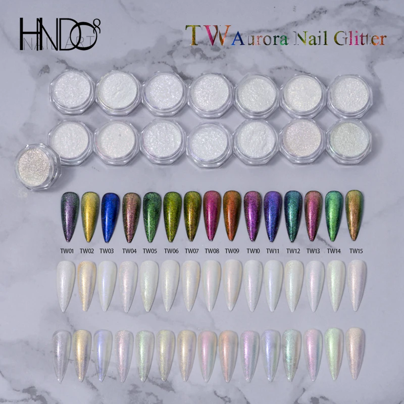 

HNDO 15 Colors Aurora Powder Nail Glitter Solvent Resistance for Gel Nail Art Manicure Shiny Pigment Dust Design TW Series