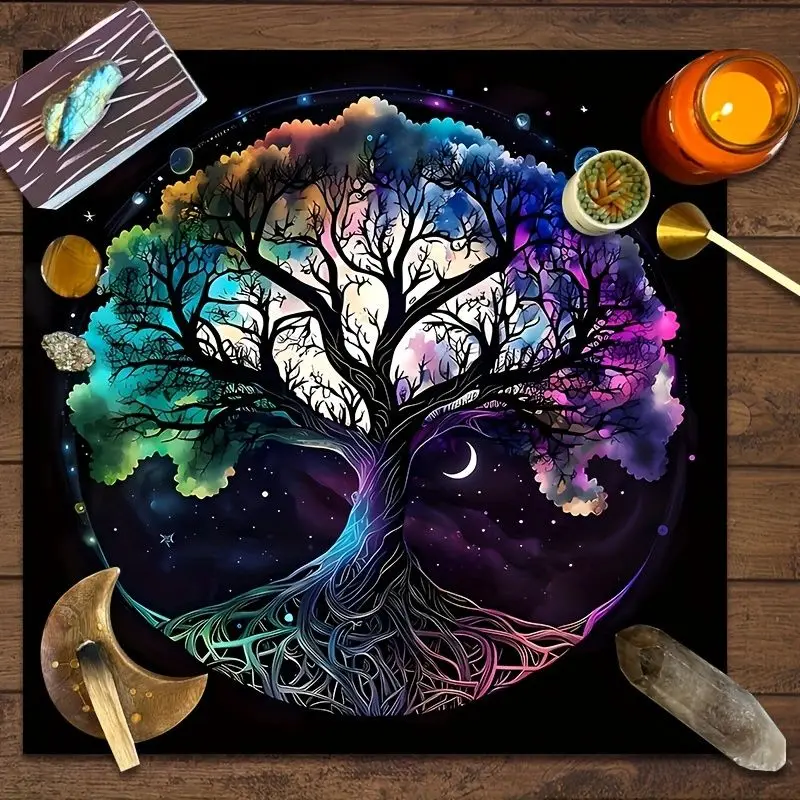 VIKAMA Tree of Life Starry Sky Tarot Tablecloth, Altar Divination Mat for Spiritual Cultivation