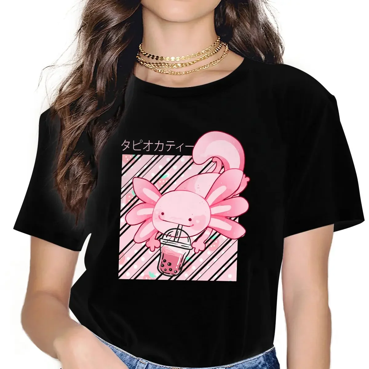 Pink Cute Axolotl Drink Bubble Tea Boba Tea Animal One Hundred Fish Women T Shirt Fibre Gothic O-Neck Polyester TShirt