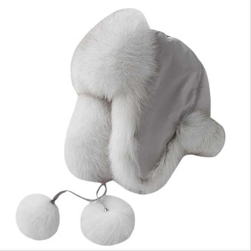 Women Natural Raccoon Fur Caps Lady Real Fox Fur Cap Pompon Ushanka Hats for Winter Thick Warm Ears Fashion Bomber Pom Pom Hat