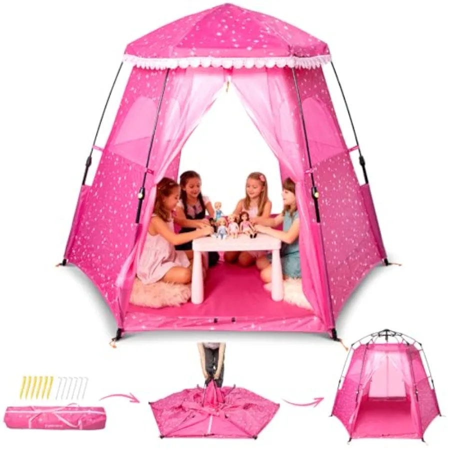 

Princess Pop-up Play Tent for Girls: 78x66 Large Playhouse Castle for Indoor Outdoor Pink