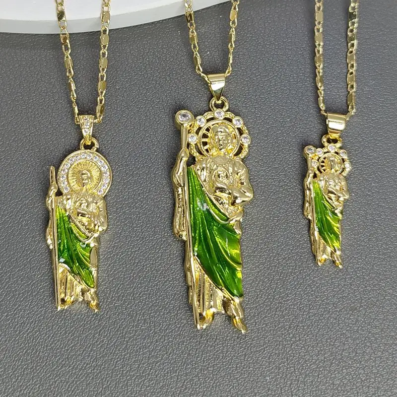 Shiny Zircon San Judas Tadeo Necklaces for Women Gold Plated Saint Jude Thaddeus Pendant Charms Religious Jewelry Gift