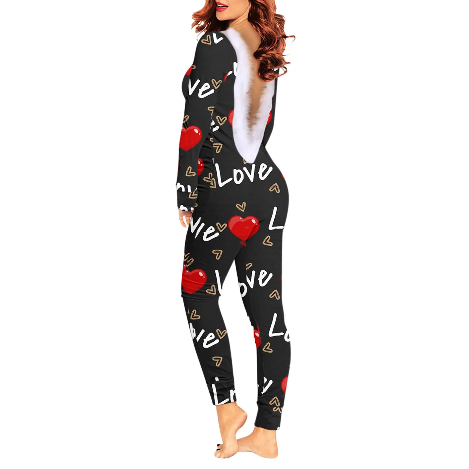 Valentine'S Day Onesies Womens Sleepwear Rompers Solid V Neck Long Sleeve Open Back Furry Pajamas Cute Comfy Playsuit Nightwear