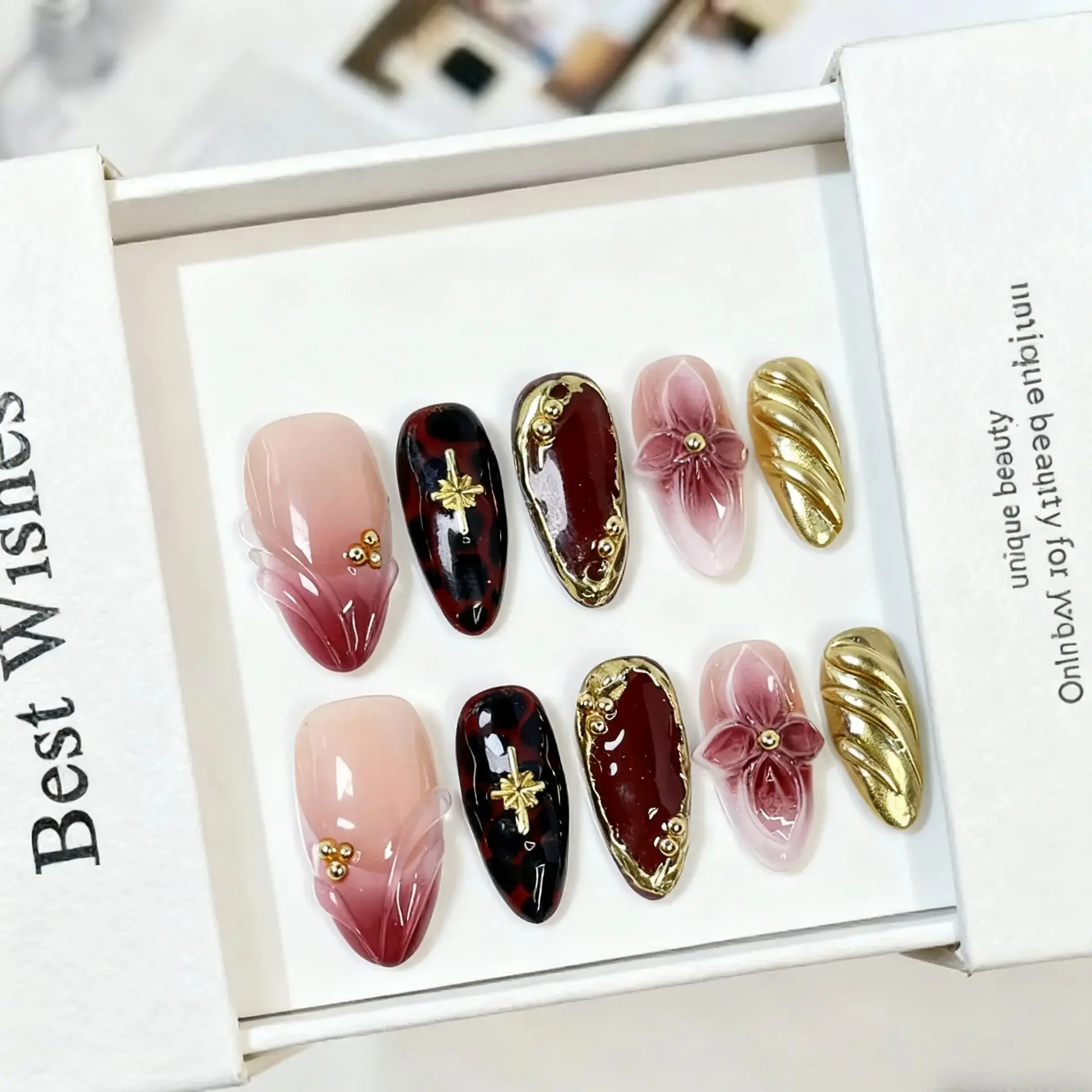 10 قطعة نمط معدني داكن اضغط على الأظافر عين القط الأظافر كاذبة ثلاثية الأبعاد الفضة غير النظامية خطوط الأظافر وهمية Y2k اللوز اليدوية مسمار ملصقات #3