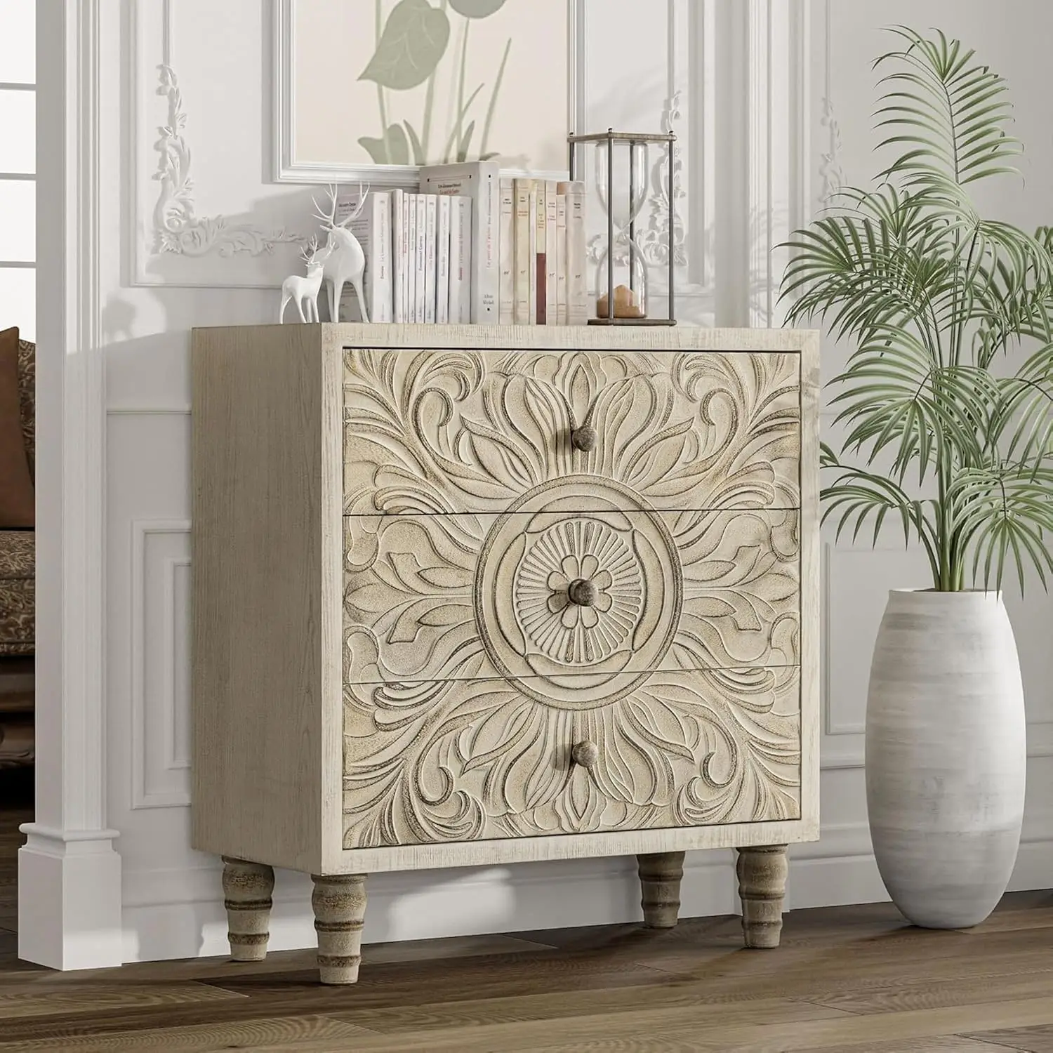 3-Drawer Dresser Carved Floral Front Distressed White Finish Rustic Boho Farmhouse Nightstand Smooth Glide Storage, Customized