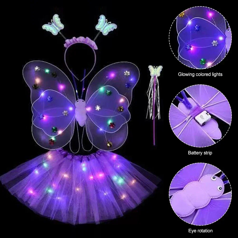 3/4 pièces/ensemble Double couches filles Led clignotant lumière fée papillon aile baguette bandeau Costume jouet cadeau Halloween décoration