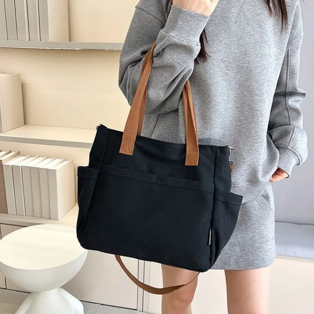 

Thickened Canvas Handbag Multi-Pocket Japanese Style Commuting Crossbody Bag Solid Color Single Shoulder Storage Pouch Work