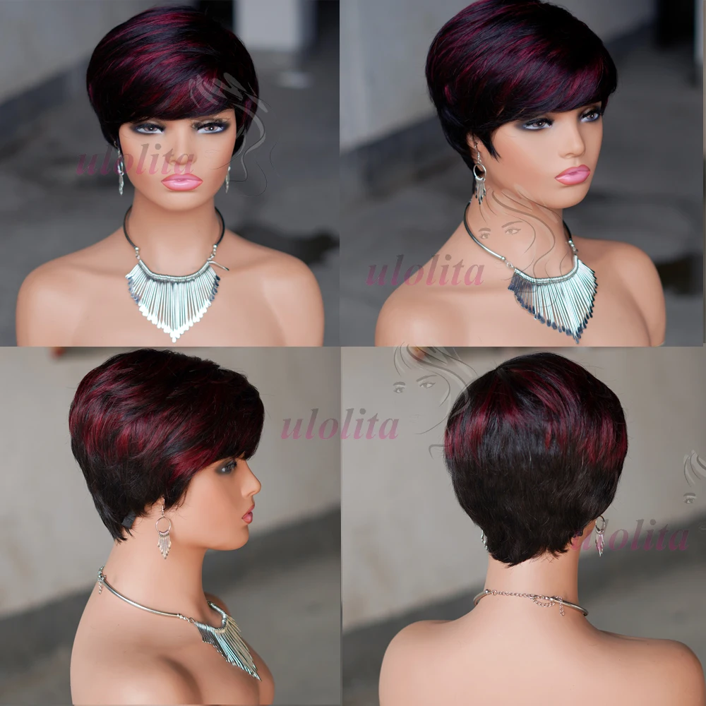 Kurze Echthaarperücke, vollständig maschinell gefertigte Perücke, gerade Pixie-Cut-Perücke aus Echthaar für Frauen, kurze Bob-Perücken mit Pony, Haarschnitt-Perücken – Detail 15