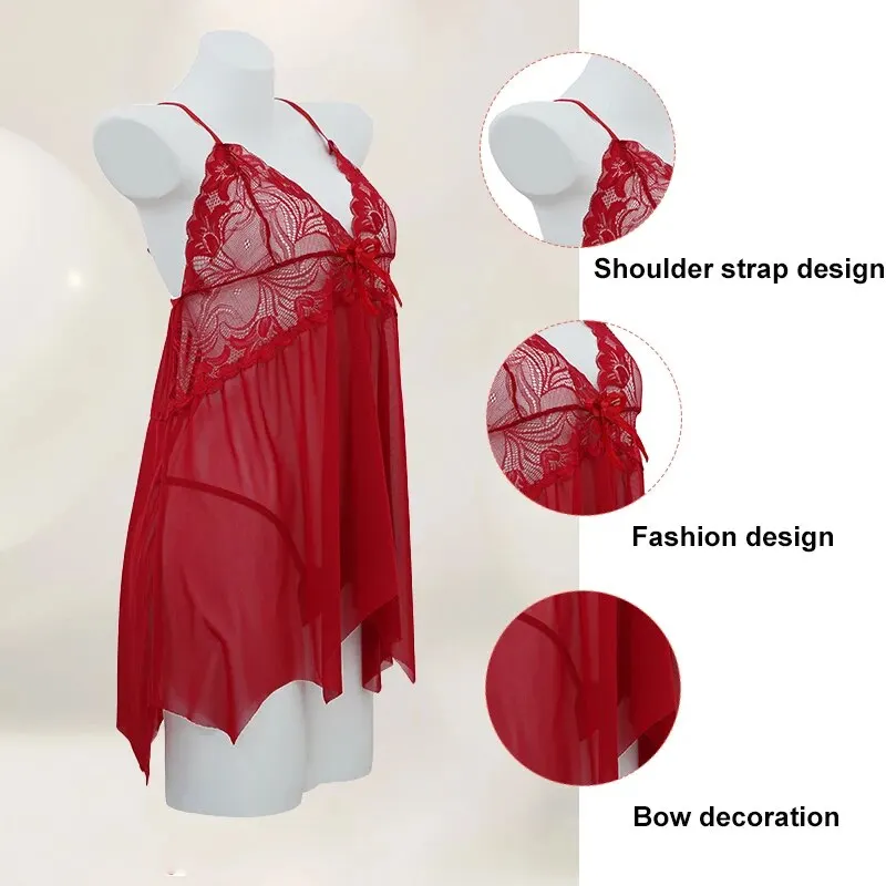 Women\'s Deep V New Fashion Selling Sexy Lace Perspective Dress Women Lace Sexy Baby Doll Nightwear Dress