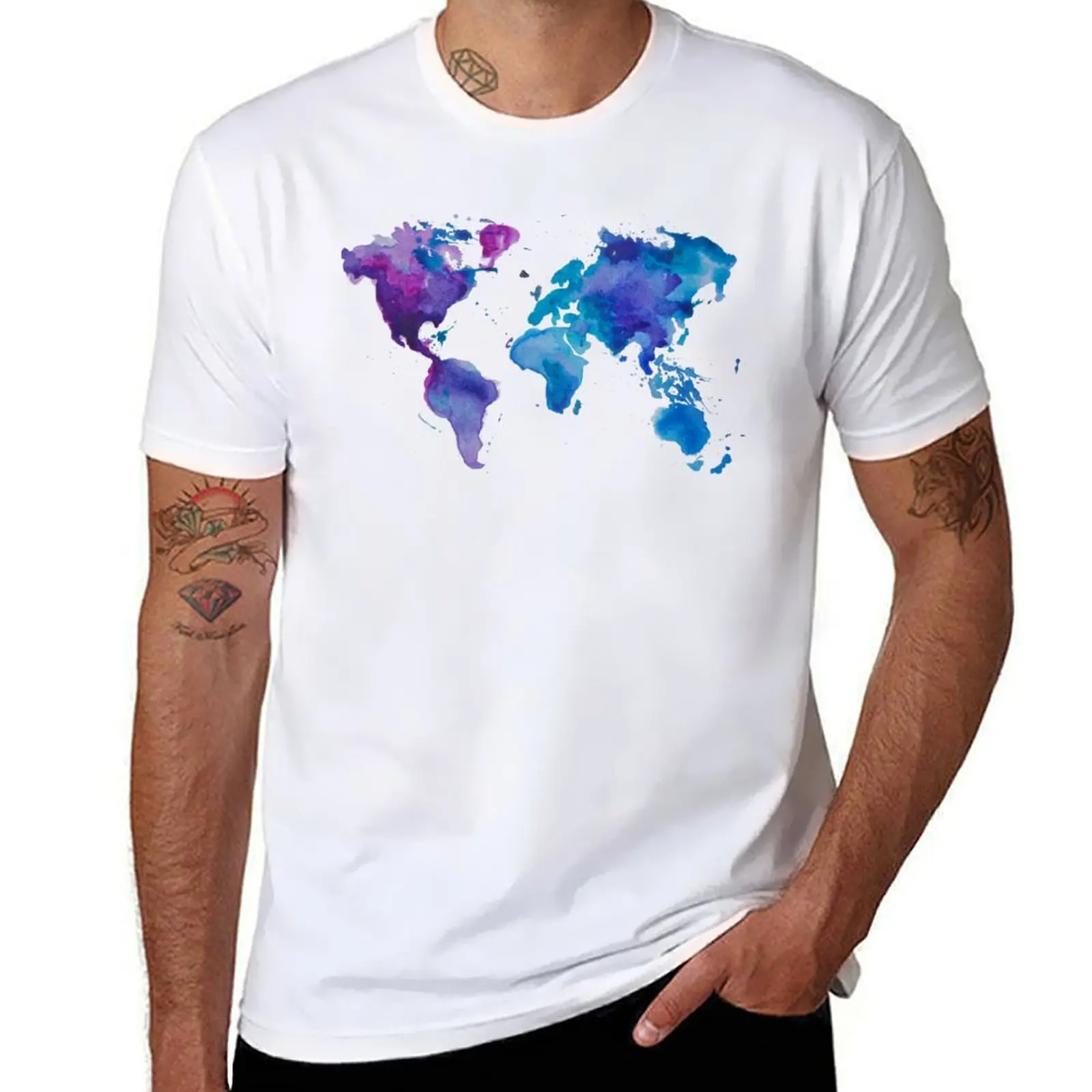 Watercolor Map of the World T-Shirt Personalized t-shirt animal prinfor boys quick drying anime shirts men