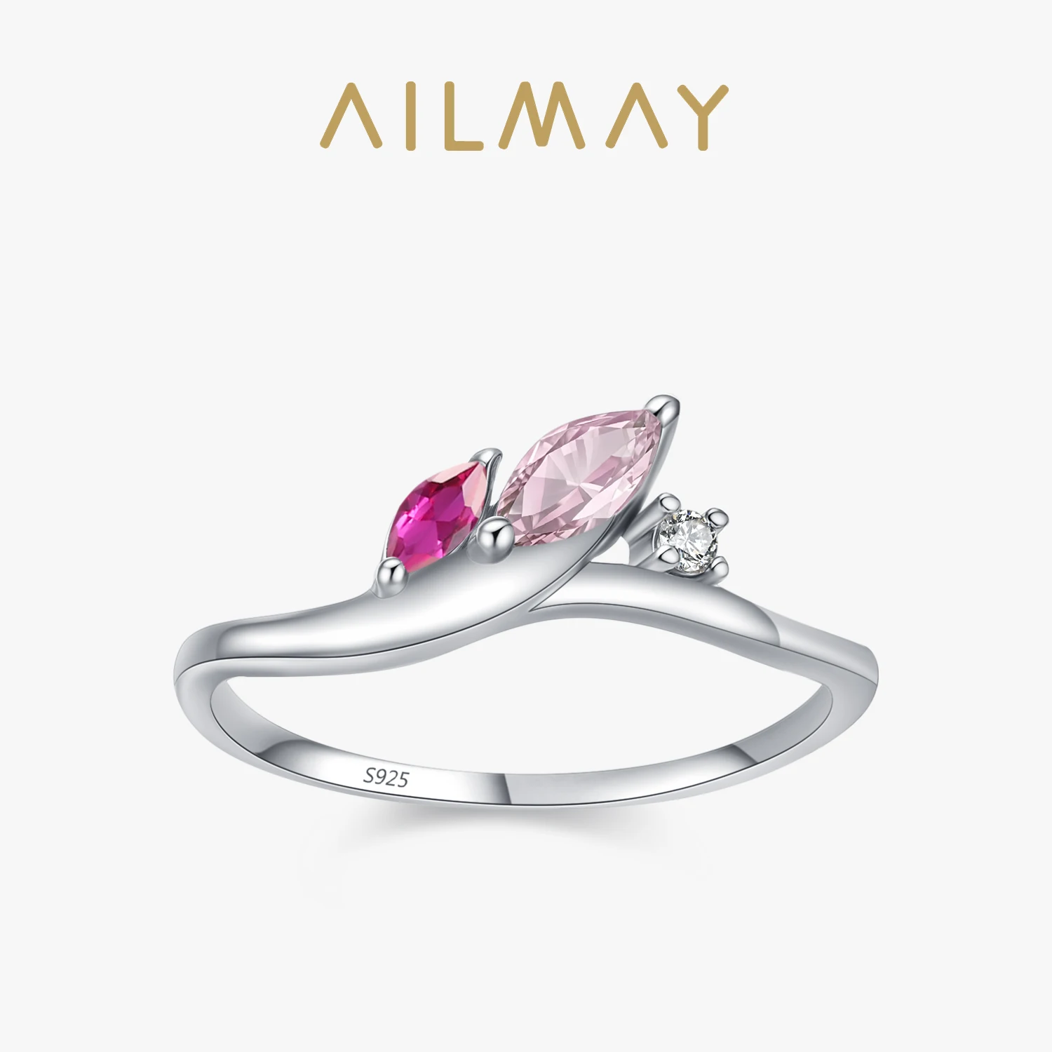 Ailmay 925 Sterling Silver Horse Eye Pink Zircon Leave Rings For Women Wedding Statement Fine Silver Jewelry Gift