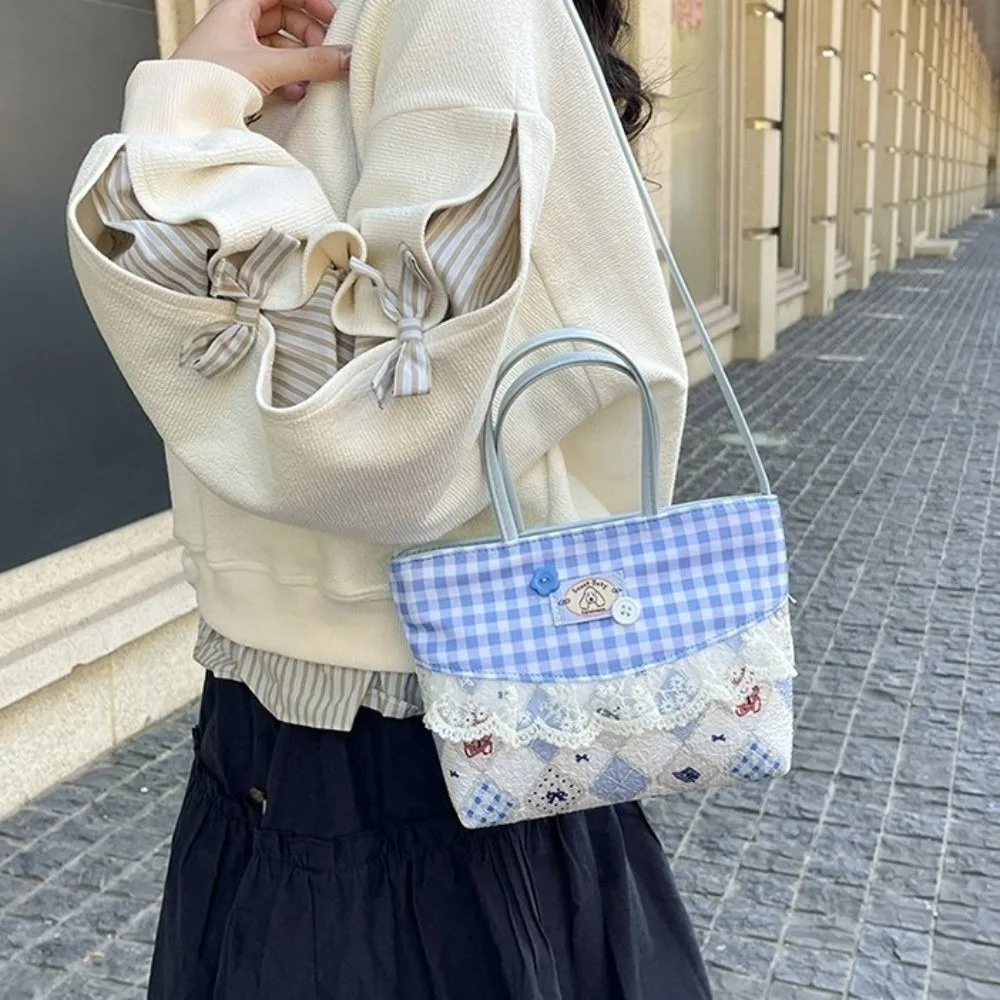 

Retro Lace Lattice Handbag Square Plaid Bow Handbag Denim Korean Style Sweet Crossbody Bag Gifts