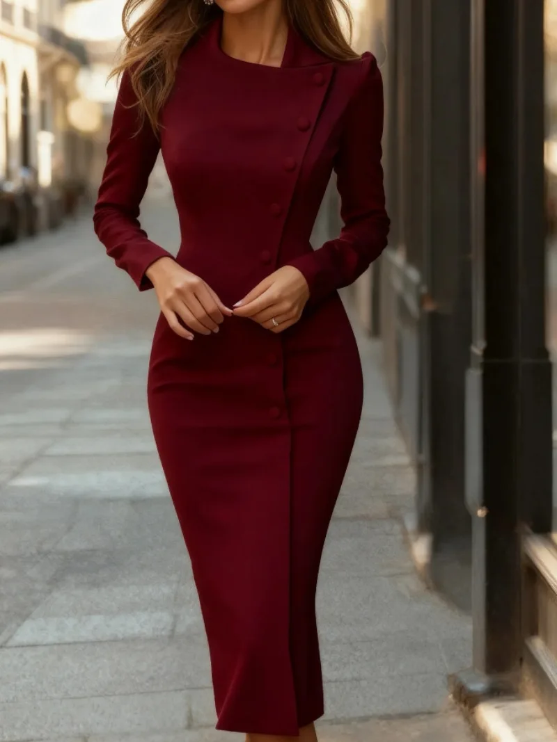 Women's Solid Color Asymmetrical Collar Bodycon Dress Long Sleeve Button Back Slit Dress Elegant Formal Office Work Wear Outfit - view 3