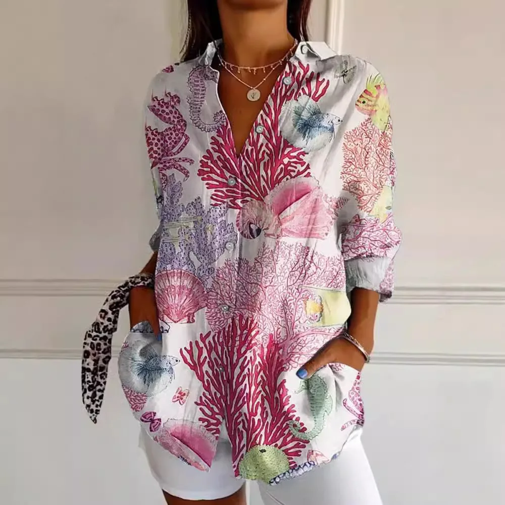 

Y2K All-Season Women's 3D Printed Shirt New Long-Length 3/4 Sleeve Shirt Floral Collar Casual Button-Down Shirt