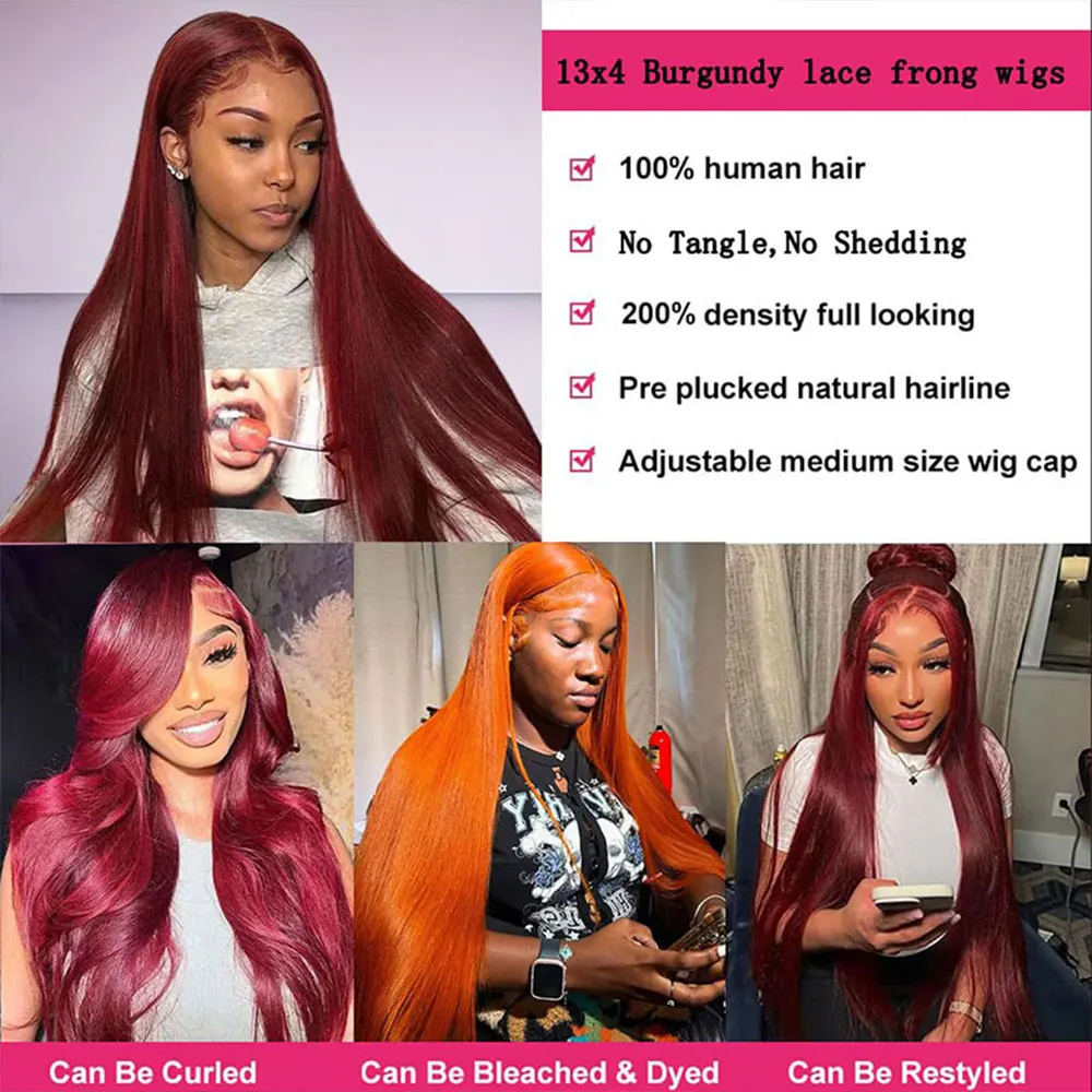 Peluca de cabello humano con encaje Frontal 99J Borgoña, pelucas frontales de encaje recto 13x4 de 34 pulgadas, peluca roja de color de encaje transparente HD para mujer