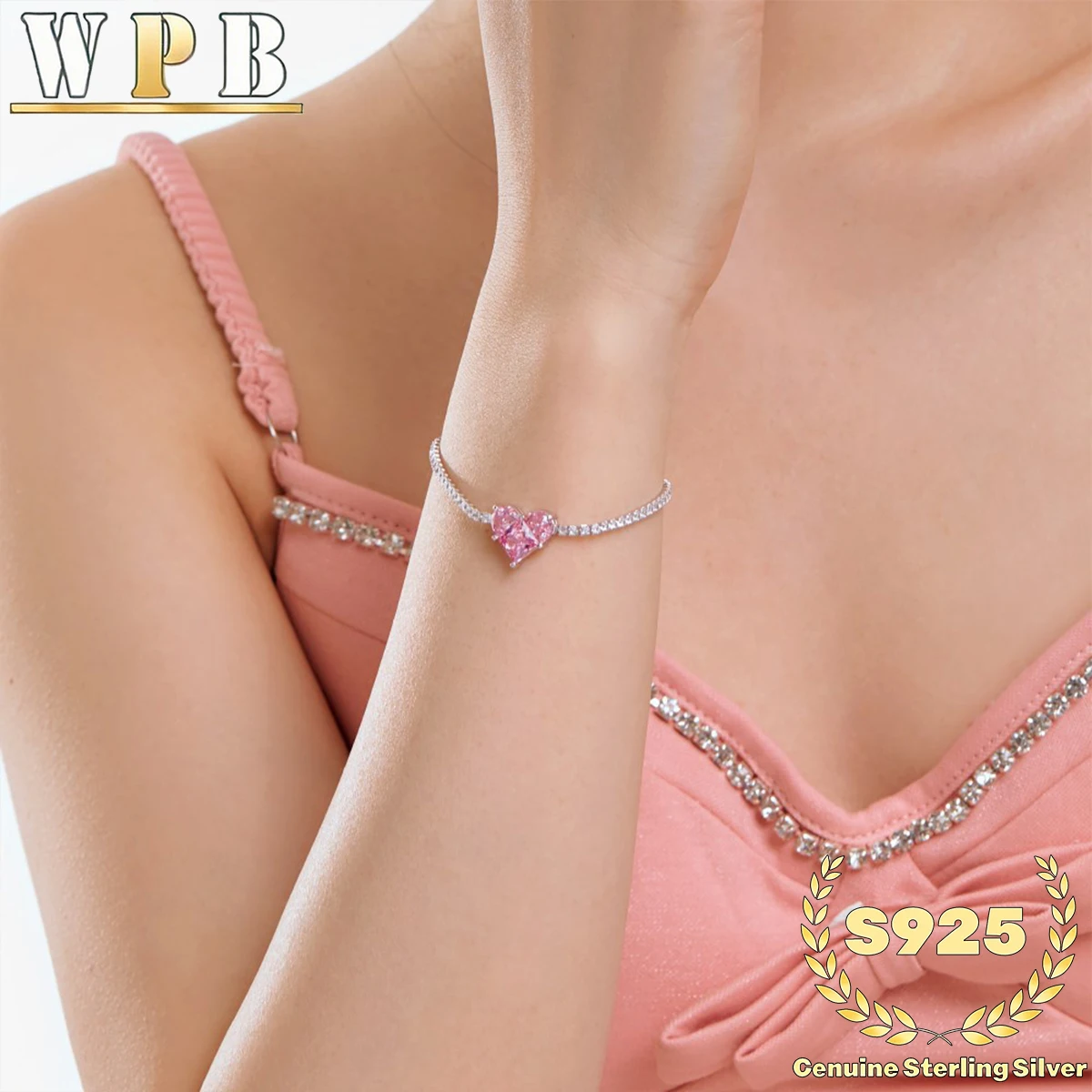 ‌Tennis Bracelet S925 Sterling Silver Pink Heart Zircon Pavé Setting Valentine Gift for Women Romantic Jewelry Anniversary