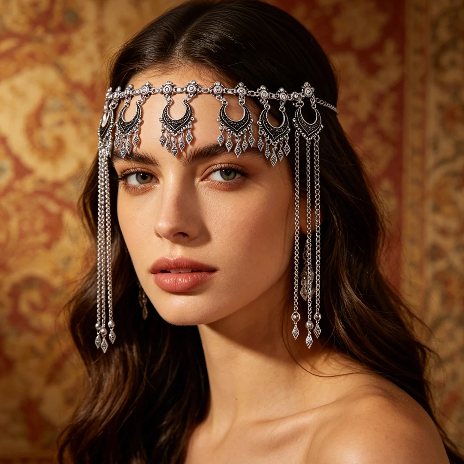 Bohemian Vintage Silver Geometry Pendant Long Chain Tassel Forehead Headpiece For Women Ethnic Style Turkey Kurdish Jewelry