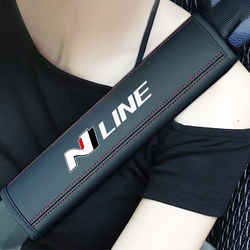 2pcs Car Seat Belt N Line Logo Nappa Leather Shoulder Protector Safety Belt For Hyundai Sonata Tucson Azera Elantra Veloster