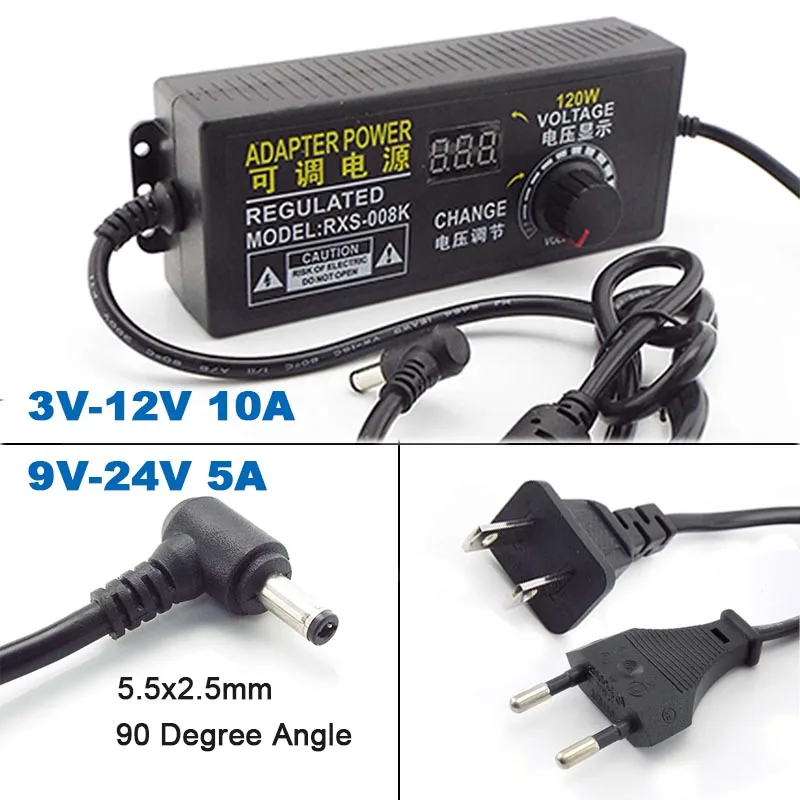 Adjustable Display Screen 3V-12V 10A 9V-24V 5A AC/DC 120W Universal Adapter Power Supply 5.5*2.5mm 90 Degree Angle DC plug M20