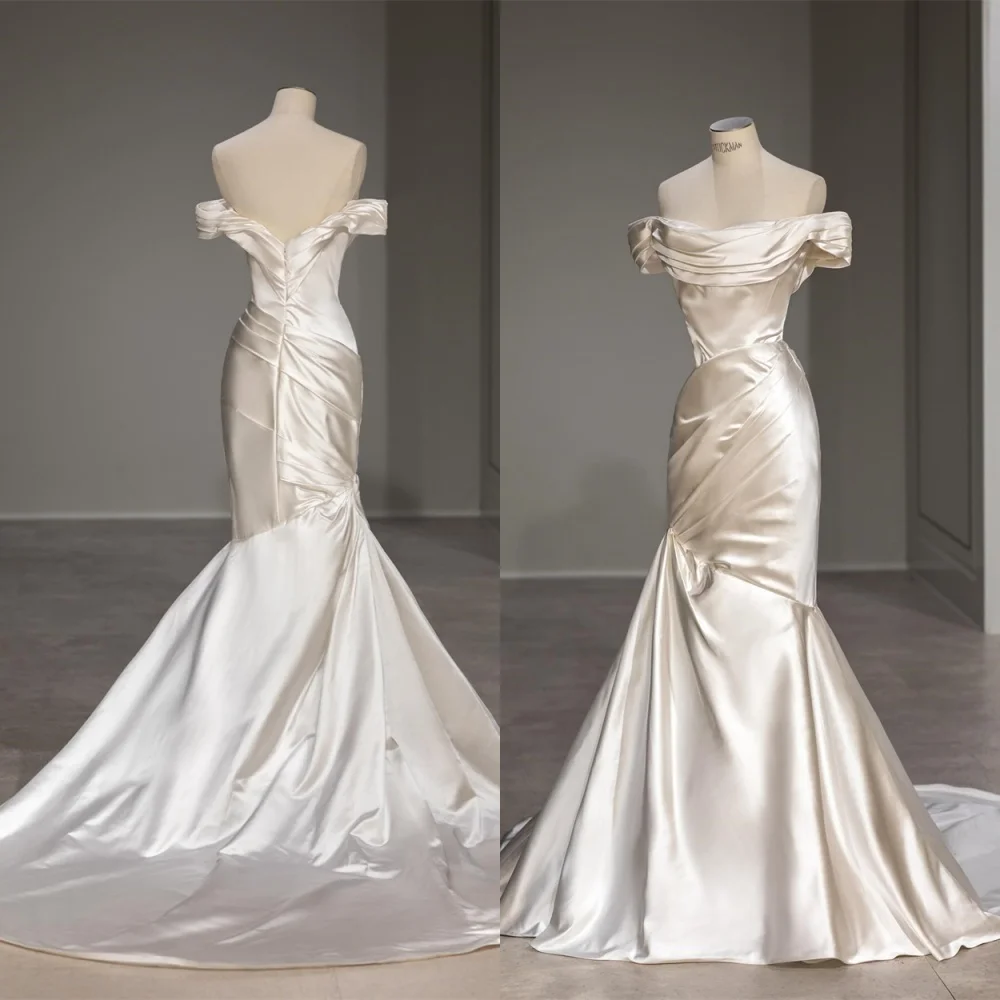 تخصيص بسيط الساتان الأبيض فستان الحفلة الراقصة الحديثة قبالة الكتف بلا أكمام فستان الزفاف الفاخرة قطار المحكمة الزفاف P