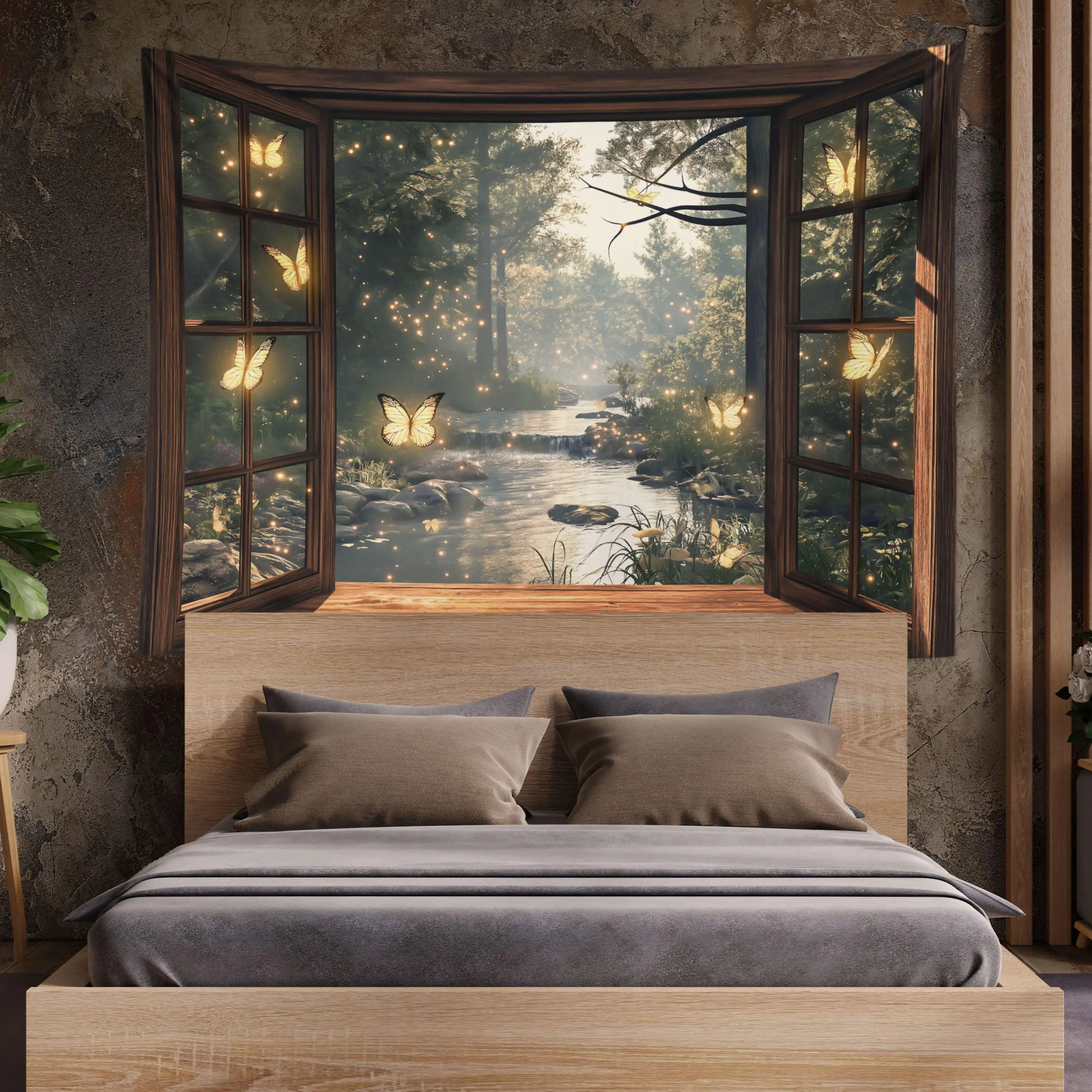 1 Stück magischer Glühwürmchen-Wandteppich, Fenster, Flusswald, 2D-Druck, Dekor, Polyestermaterial, ganzjährig für Schlafzimmer- und Wohnzimmerwand