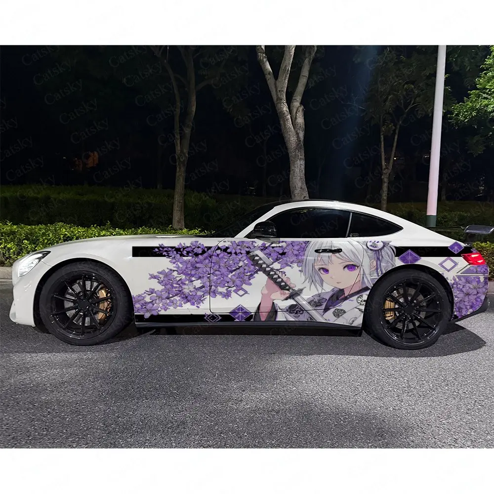 2pcs Purple Flower Samurai Girl Car Side Wraps, Self-Adhesive PVC Waterproof & Scratch-Resistant Stickers, Car Accessory Gift view 4