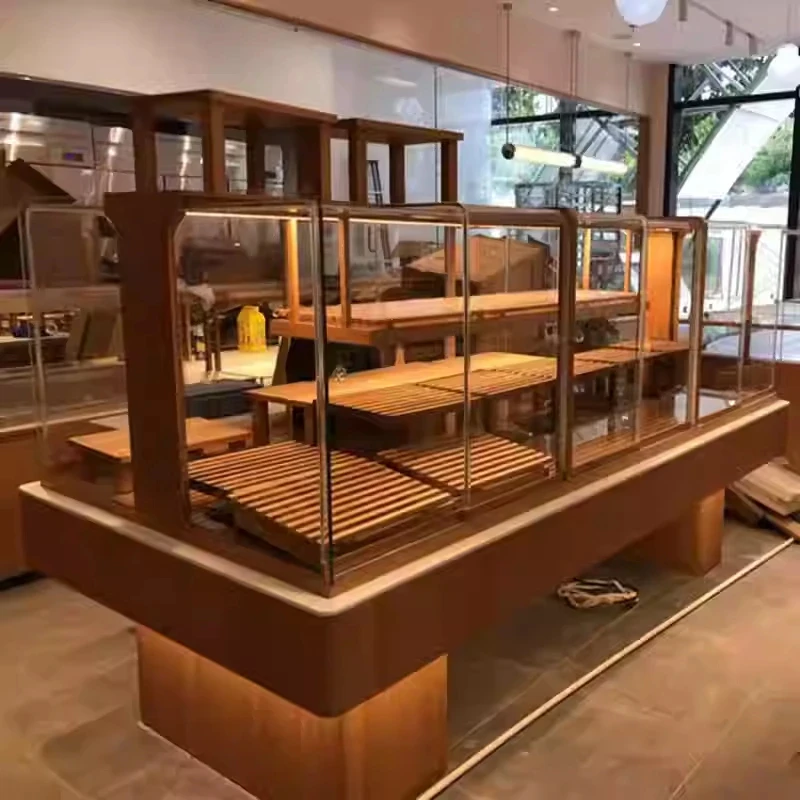custom.Commercial Bakery Display LED Lighting Glass Back Wooden Construction Customizable Size Heavy Duty Supermarket/Shopp