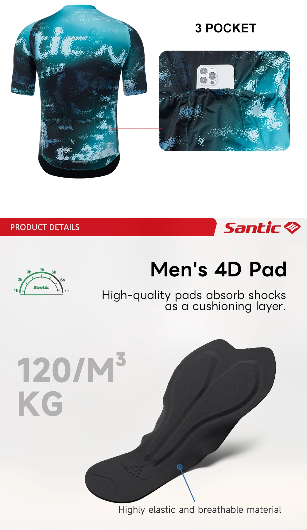 Santic Herren Sommer Kurzarm-Radtrikot mit Trägerhose Set Atmungsaktive Schnelltrocknende Rennrad-Fahrradbekleidung KM26CT105 – Detail 5