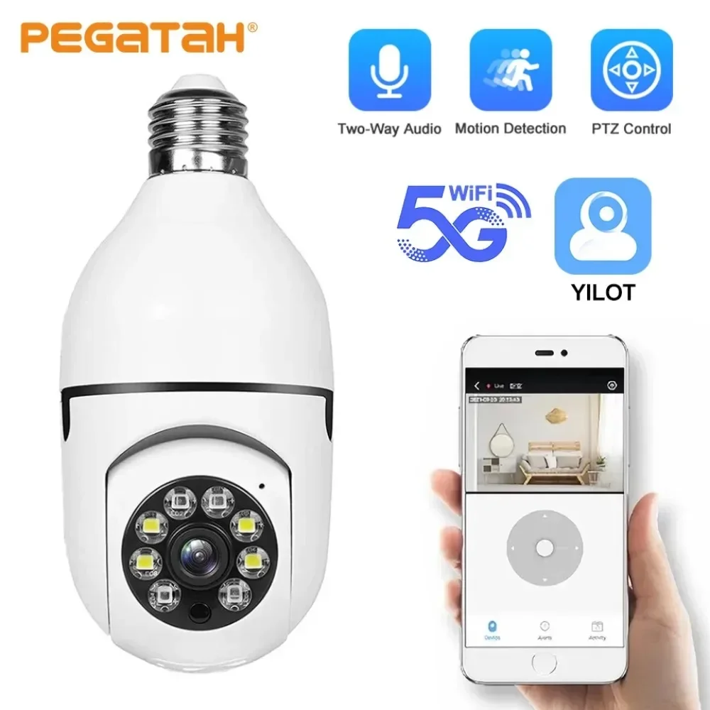 PEGATAH 5G Bulb E27 Surveillance Camera Full Color Night Vision Human Tracking Zoom Indoor Security Monitor Wifi Camera