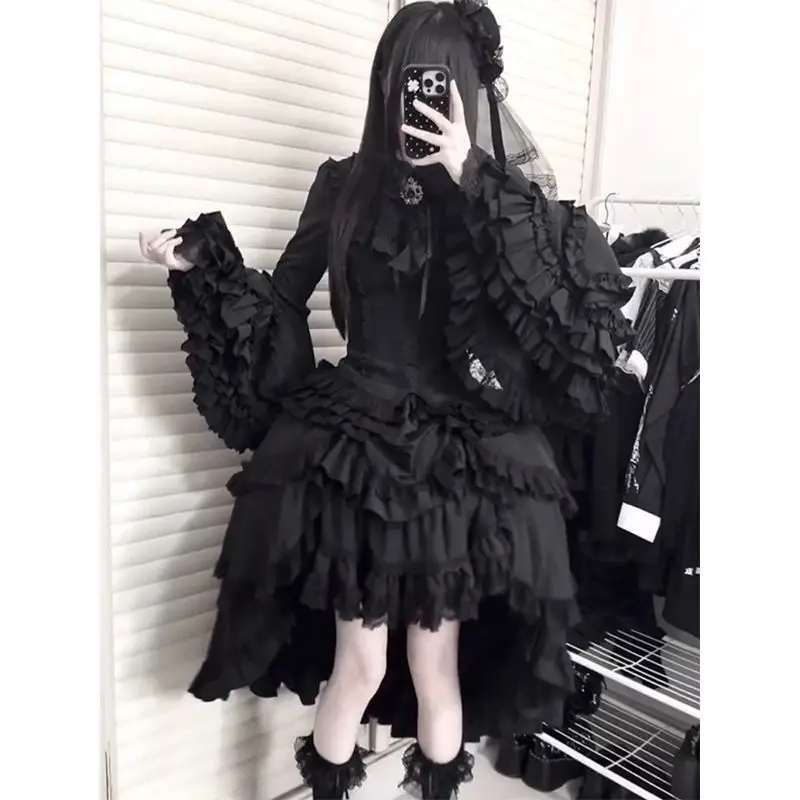 Japanese Gothic Y2k Lolita Style Skirt Set Women Vintage Sweet Flare Sleeve Shirts High Waist Lace Ruffles Irregular Skirt Suiit