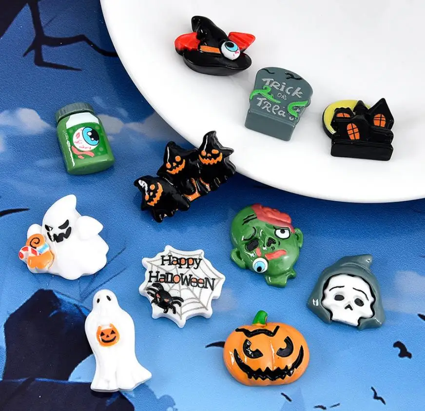 100pcs New Kawaii Halloween Pumpkin skull ghost series Resin Flatback Cabochon Scrapbook Embellishments Accessories