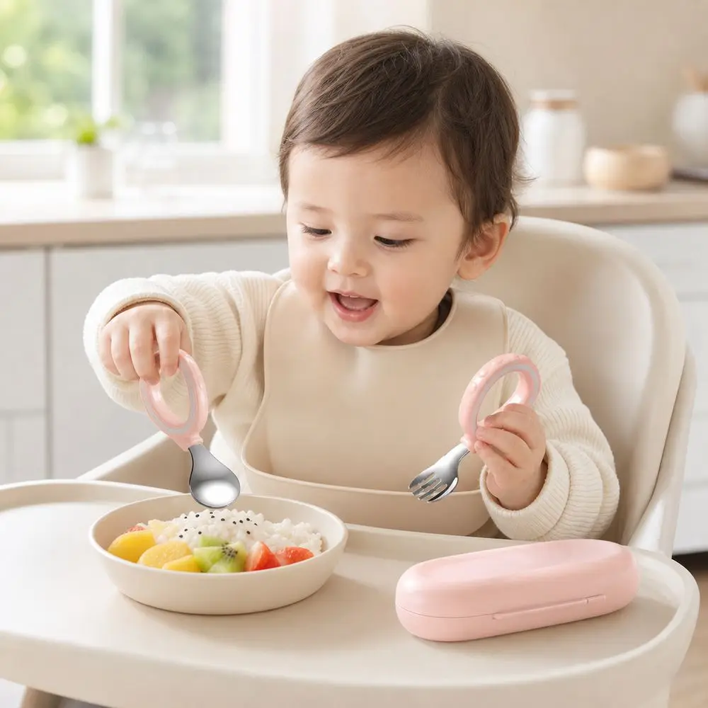 

316L Stainless Steel Baby Spoon Fork Set Ring Handle Design Easy Grip Toddler Utensil Set Smooth Polished Curved Design