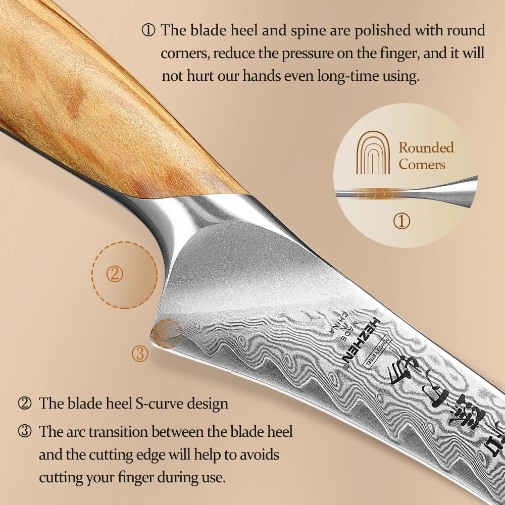 Imagem -04 - Hezhen-damascus Aço Paring Knife 73 Camadas Aço Power Core Olive Wood Handle Cozinha Tools Gift Box Peeling Knife 4