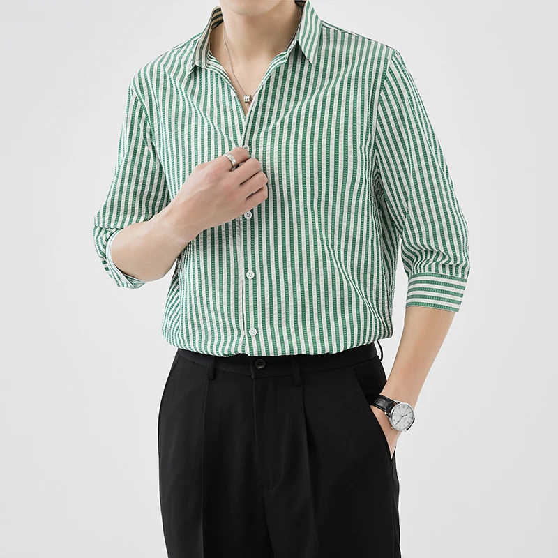 

Men Summer High Quality Striped Half-sleeved Shirts Male Slim Fit Lapel Solid Color Green Shirts 3XL-M