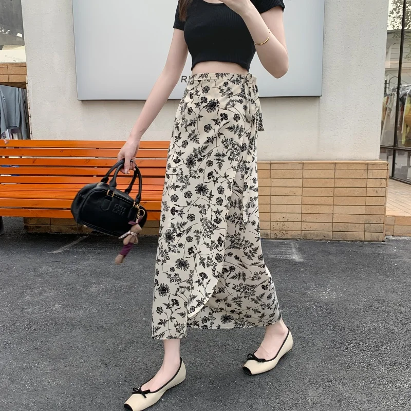 Vacation Floral Print Chiffon Wrap Skirt Women's Half-length Beach Sun Protection Skirt One-piece Slit Skirt Stylish Slim Fit