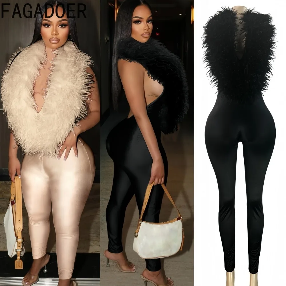 

FAGADOER Winter New Sexy Fur Patchwork Bodycon Jumpsuits Woman Halter Deep V-neck Sleeveless Rompers Female Streetwear Overalls