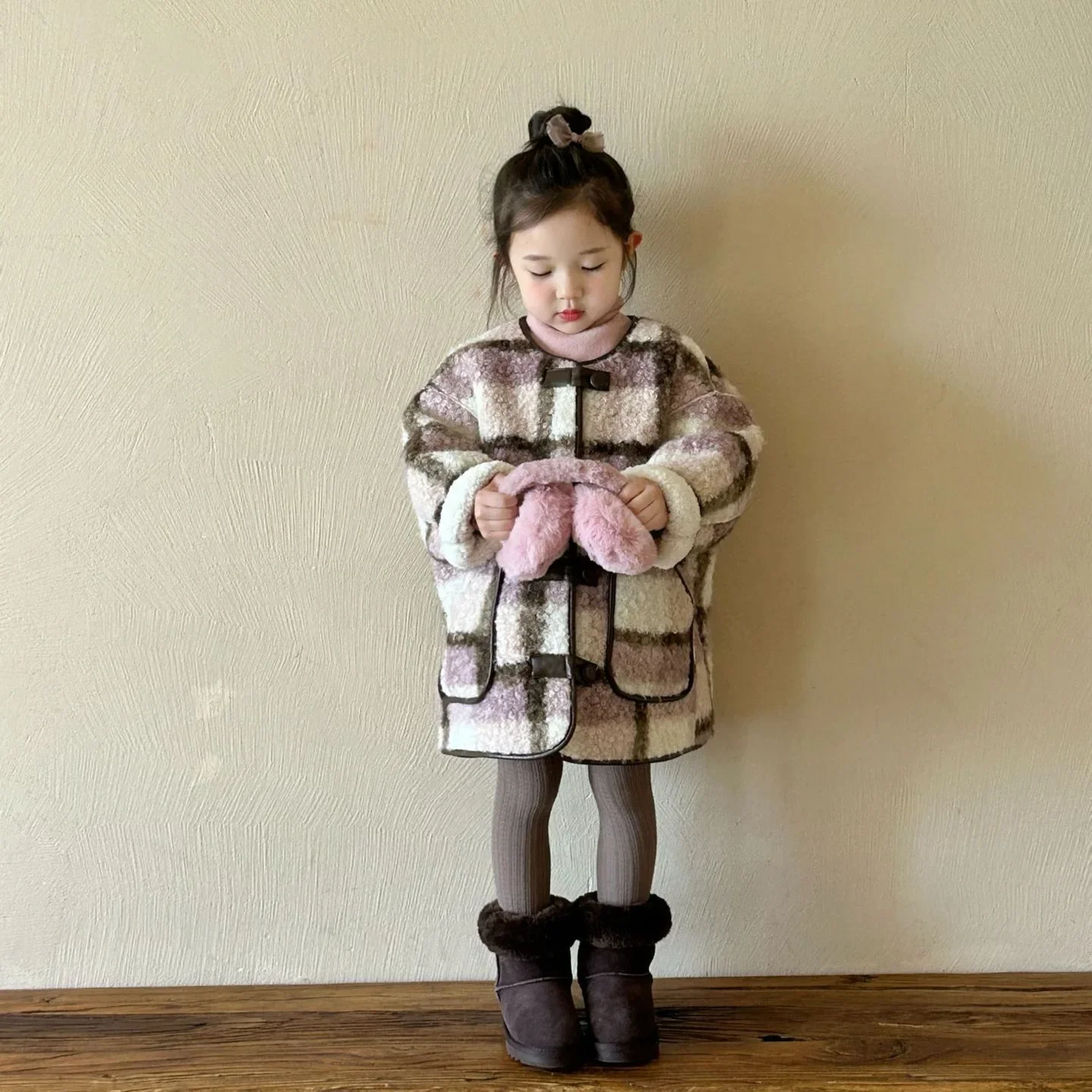 Girls Coat 2024 Winter New Childrens Clothes Korean Style Baby Girls Fashion Cotton Circle Plaid Coat Casual Simple Daily