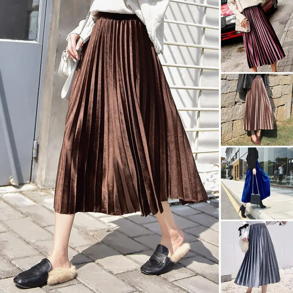 Warmer Herbst Winter Rock Frauen Midi Rock eleganter Samt Plissee Midi Rock für Frauen hohe Taille locker sitzen lange Herbst Winter