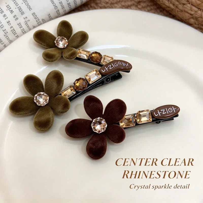 Early Autumn Flocking Flower Rhinestone Hair Accessory Forehead Side Clip Bangs Clip Korean Style Elegant Hairpin for Daily Use