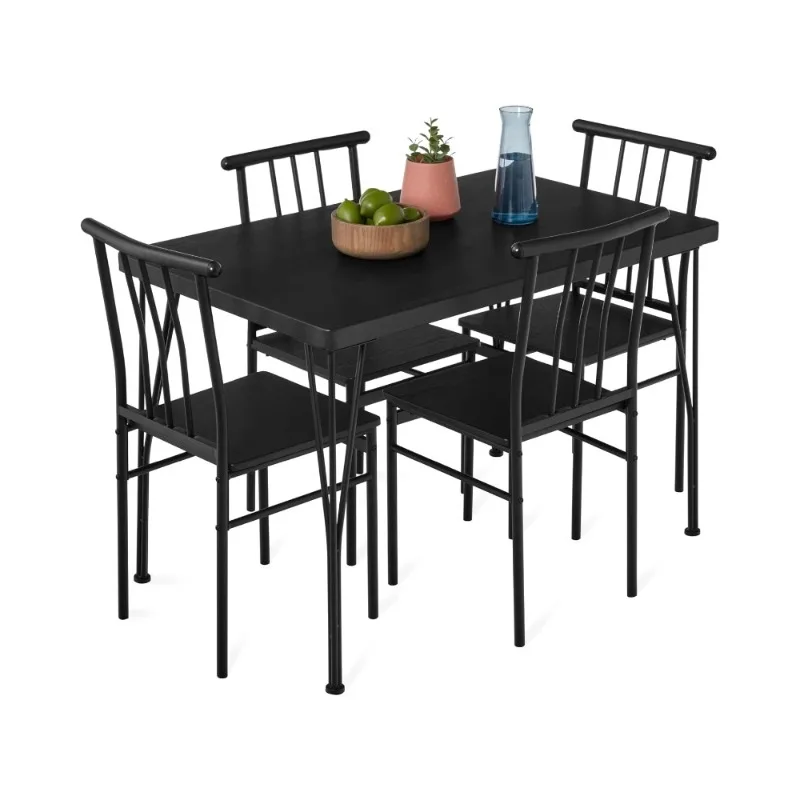 home. 5-Piece Metal and Wood Indoor Modern Rectangular Dining Room, Dinette, Breakfast Nook w/ 4 Chairs - Black