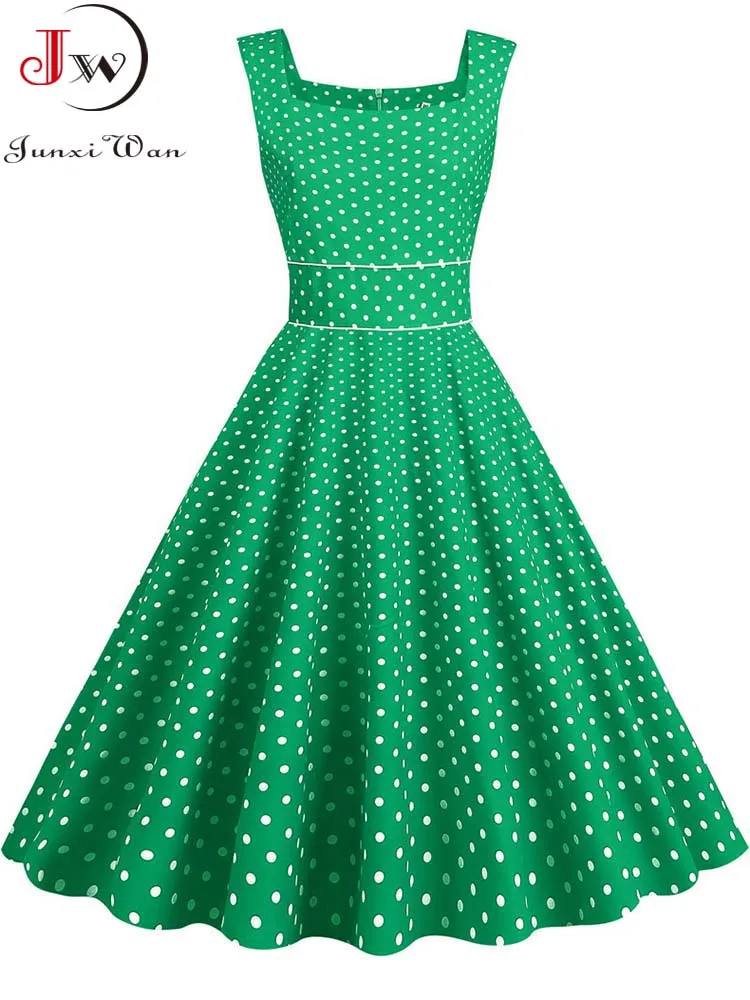 فساتين متوسطة الطول أنيقة للنساء صيفية بياقة مربعة فستان عتيق منقط بحزام سباغيتي عالي الخصر فستان صيفي للحفلات #6