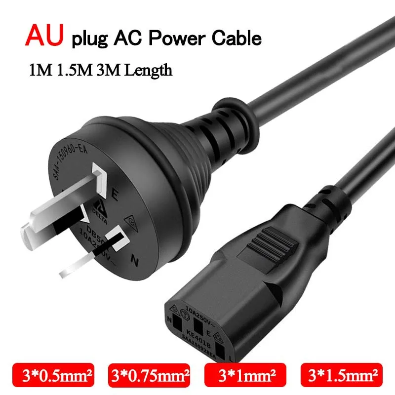 Standard 3-Prong AC Power Supply Cable AU Plug High Power Connect Wire 0.5mm² 0.75mm² 1mm² 1.5mm² Copper Line For PC Laptop Cook