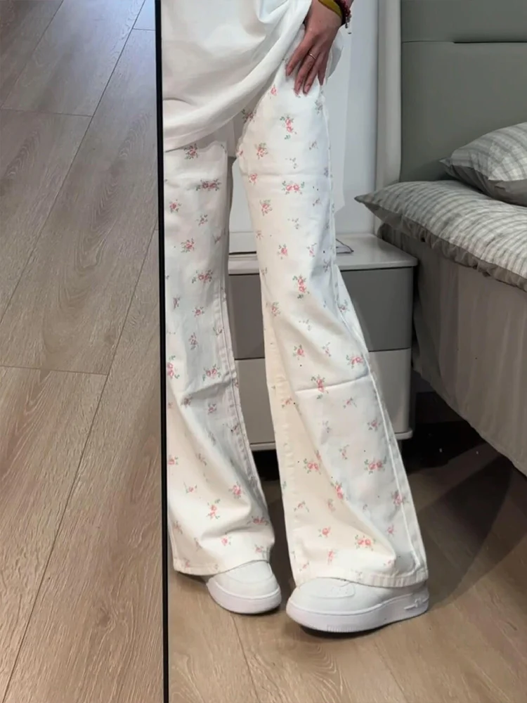 White Floral Wide Leg Jeans Women's Summer Thin High Waist Straight Cut Floor-Length Loose Fit Jeans Casual Ele Sle