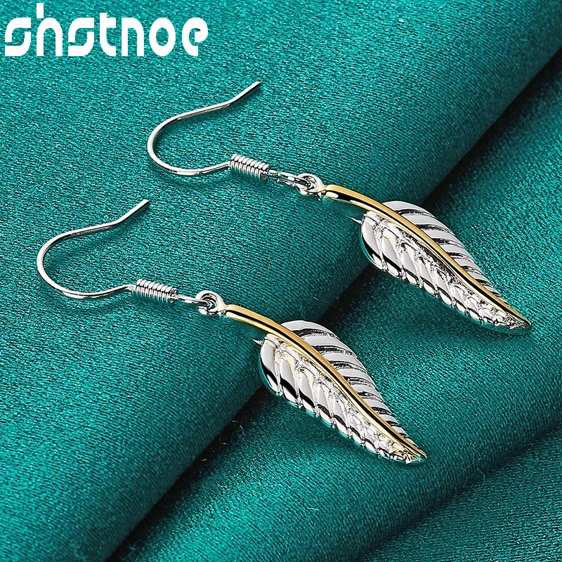 SHSTONE 925 Sterling Silver Golden Feather Earrings For Women Earring Party Engagement Wedding Valentines Fashion Charm Jewelry