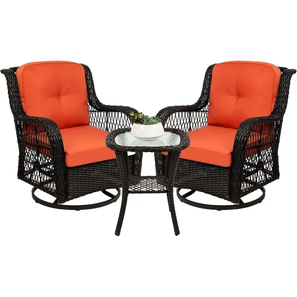3-Piece Outdoor Wicker Patio Set with 2 Swivel Rocking Chairs and Glass Top Table - Rust