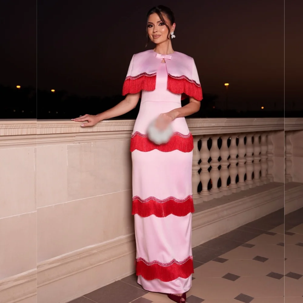 

Customized Temperament Two-piece Evening Dress For Banquet O-Neck Shawl Fringe Edge Straight Long Dresses Woman Elegant Party
