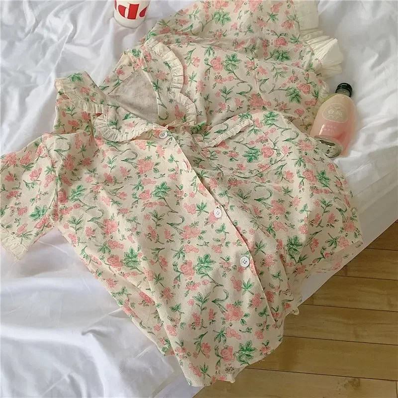 

Floral Sleepwear Women Pajama Sets Fashion Piiama Short Sleeve 2 Pieces Ruffles Night Wears Summer Korean Cute Home Suit New